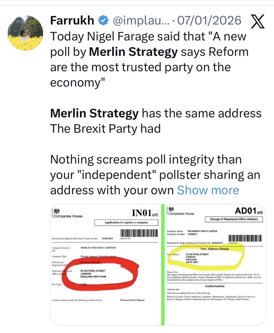 Tonight’s Channel 4 Dispatches hatchet job on our Prime Minister
Sir Keir Starmer <a href="/Keir_Starmer/">Keir Starmer</a> 

POLLING BY - MERLÍN STRATEGY 

Who just happen to have the same address as Reform UK

FOXTROT OSCAR
<a href="/lewis_goodall/">Lewis Goodall</a> 
<a href="/Channel4/">Channel 4</a> 
<a href="/C4Dispatches/">Channel 4 Dispatches</a>