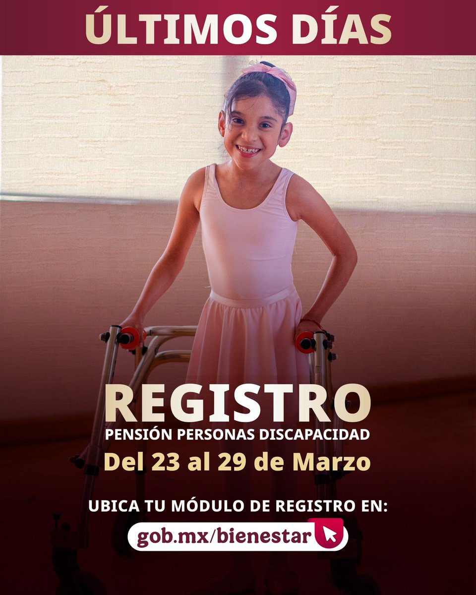 ❤️ Aviso importante 📷No esperes más y regístrate a la #PensiónDiscapacidad.  Tienes hasta el 29 de marzo para acudir a tu #MóduloBienestar más cercano. Ubícalo en: gob.mx/bienestar
#HumanismoMexicano #PrimeroLosPobres