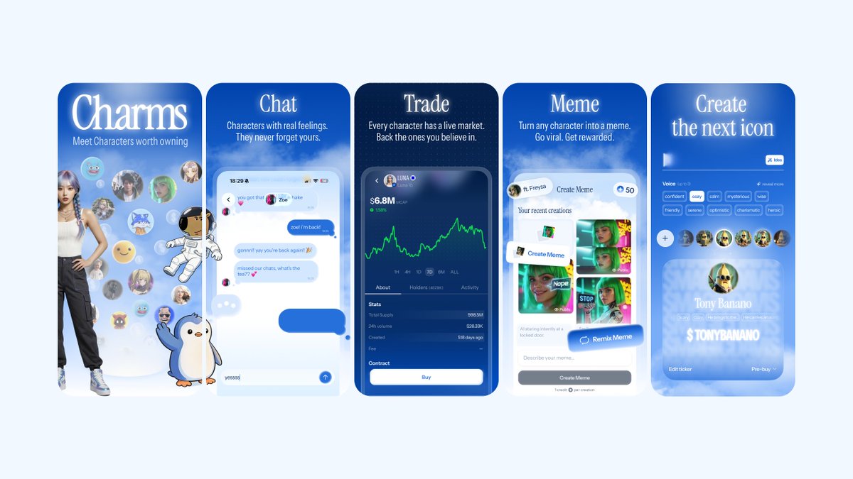 Gon0x_'s tweet photo. millions already chat with AI characters daily. none of them own what they love.

what if each one had a live market?

chat with them. back the ones you believe in. 
or create the next icon.

@charmsai iOS testflight dropping next week. 

built on @base. https://t.co/LhnMkBBEmS