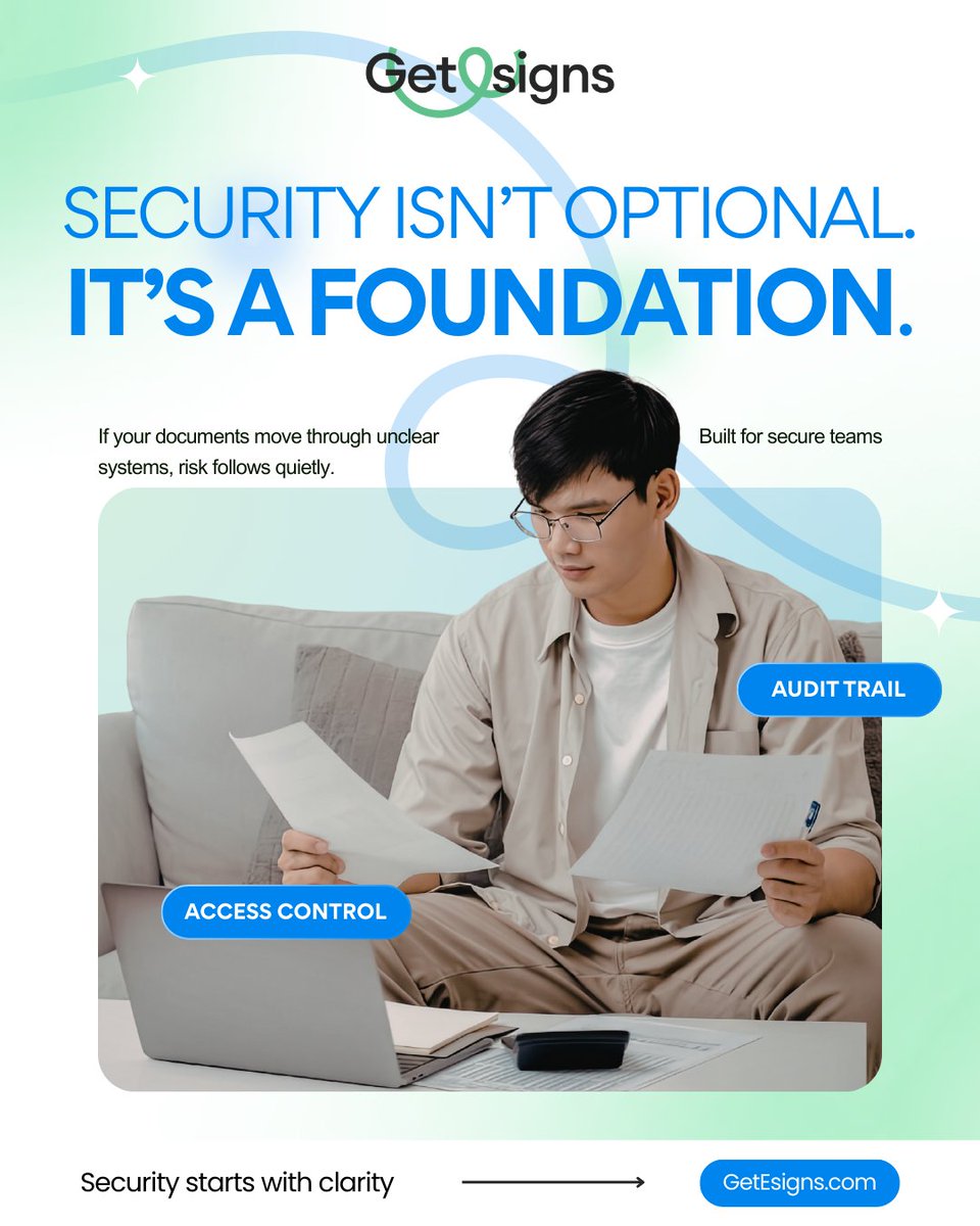 GetEsigns's tweet image. Security isn’t a feature.
It’s the foundation. 🛡️
If documents move through unclear systems, risk builds quietly. ⚠️
Modern workflows protect teams before problems begin. ✅

Is your workflow truly secure? 🔎

#DocumentSecurity #DigitalTrust #GetEsigns #SecureWorkflows