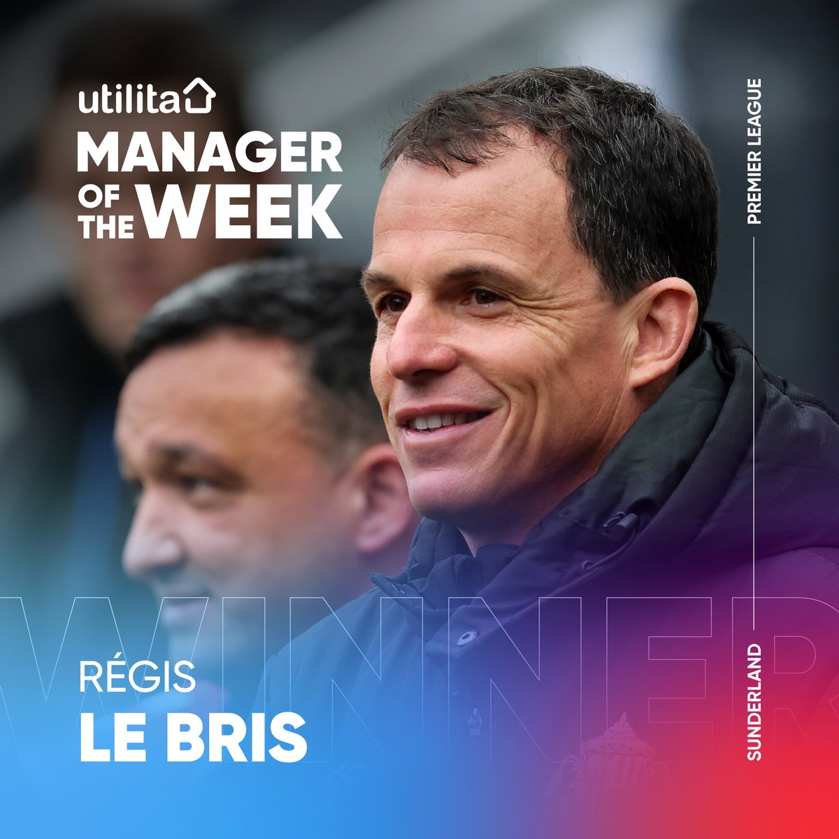 𝗨𝘁𝗶𝗹𝗶𝘁𝗮 𝗠𝗮𝗻𝗮𝗴𝗲𝗿 𝗼𝗳 𝘁𝗵𝗲 𝗪𝗲𝗲𝗸 🏆

Congratulations to <a href="/SunderlandAFC/">Sunderland AFC</a> boss Régis Le Bris on winning the Utilita Manager of the Week award for the fourth time this season, for his side's massive Tyne-Wear Derby victory! 👏

Voted for by Utilita Football