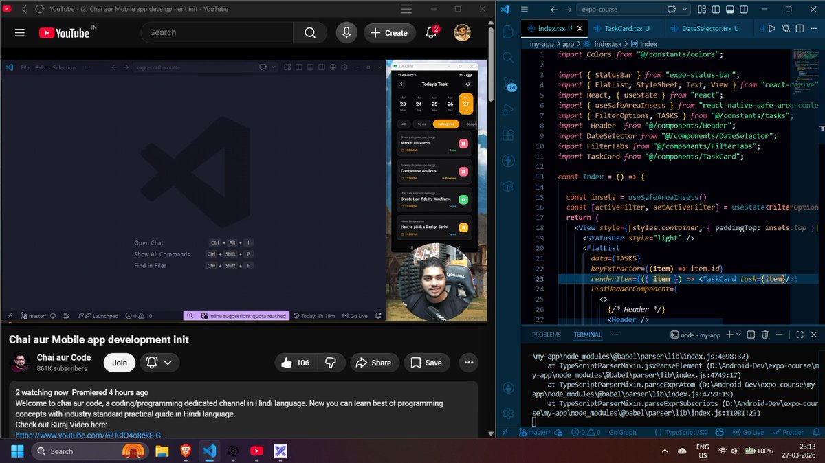 Aditya989746994's tweet image. Such a great lecture @surajtwt_ sir maja he aa gaya 🔥
Learnings:-
-&amp;gt;React native, and expo
-&amp;gt; Core Components of react native 
(View , text, button,  switch,  textInput, Pressable, safeAreaView, etc.)
-&amp;gt; Stylesheets
-&amp;gt;And i build my first mobile project 
#Reactnative #Chaicode