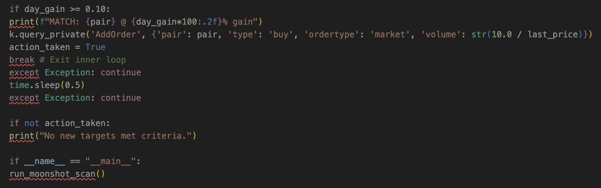 iamklove's tweet photo. Had to have my @OpenClaw refine the #CryptoFastTrack scanner it created. 📈

The initial bot was timing out because it seems like Kraken's API is picky about large batch requests.

#OpenClaw chunked the requests into groups of 20 with a 0.5s pause.  🛠️🤖

The squiggly line error thingies are VS Code and Pylance bickering with each other. The code is fully functional at this point.