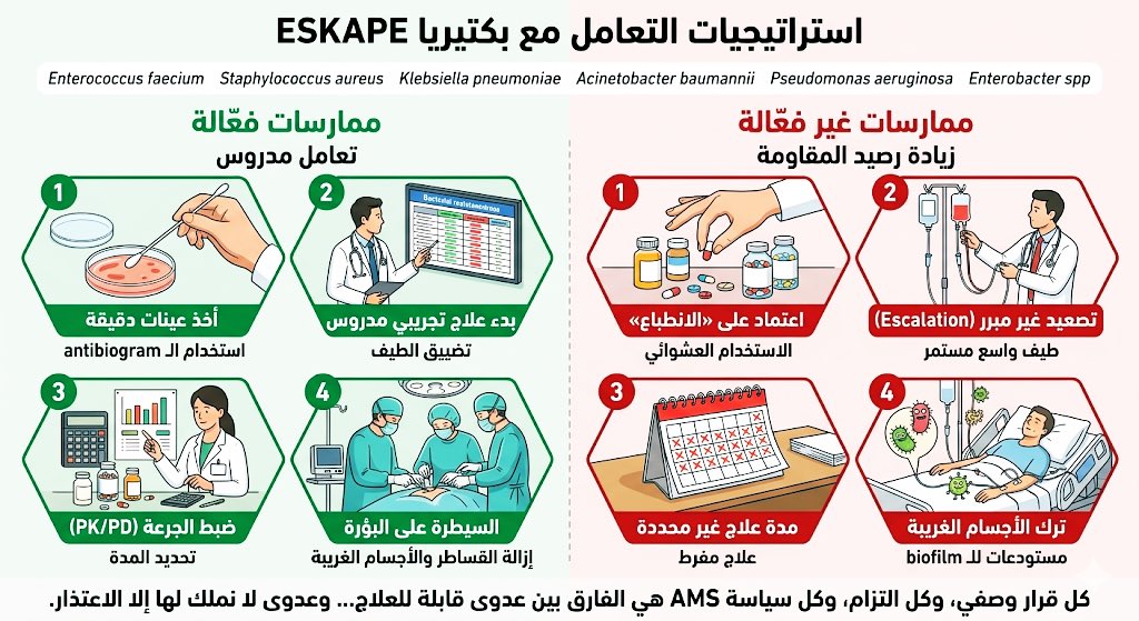 ahakawi's tweet photo. في أروقة المستشفيات وأقسام العناية المركزة، تتكرر ستة أسماء في تقارير عدوى المستشفيات المقاومة للمضادات الحيوية و العناية المركزة ، مُشَكلةً ما يعرف بمجموعة ESKAPE:
• Enterococcus faecium
• Staphylococcus aureus
• Klebsiella pneumoniae
• Acinetobacter baumannii
• Pseudomonas aeruginosa
• Enterobacter spp🩺📋🦠

2/ لماذا سُمّيت ESKAPE؟ 🤔🧪
لأنها تتقن فن «الهروب» من التأثير القاتل للمضادات الحيوية؛ عبر إنزيمات مُعطِّلة (ESBL, carbapenemases)، تغيّر مواقع الارتباط، مضخات قذف، وتشكيل أغشية حيوية (biofilms) تحوّل القساطر والأجهزة الطبية إلى ملاذات آمنة داخل الجسم.

3/ في الممارسة اليومية، تنتهي الكثير من عدوى الدم، الرئة، الجروح، والمفاصل الصناعية المرتبطة بالرعاية الصحية بأحد أفراد هذه العائلة، وغالبًا بنمط مقاومة يجعل الخيارات العلاجية محدودة، مُكلفة، وأكثر سمّية على المريض.

4/ التعامل مع ESKAPE يبدأ من اللحظة الأولى: ⏱️📊
• أخذ عينات جيدة  للزراعة قبل بدء المضاد قدر الإمكان.
• استخدام الـ antibiogram المحلي بدلاً من الاعتماد على «الانطباع الشخصي».
• بدء علاج تجريبي (Empiric therapy) مدروس ومبني على نمط المقاومة السائد في المستشفى/المنطقة.

5/ بعد ظهور نتائج الزراعة والحساسية، المفتاح هو: De-escalation لا escalation.
نضيّق طيف المضاد، نضبط الجرعة بدقة بناءً على الـ PK/PD، ونحدّد مدة علاج مبنية على الدليل العلمي. لنتذكّر أن كل يوم إضافي من مضاد  واسع الطيف 
broad-spectrum غير ضروري هو "دفعة مالية ومعنوية" لرصيد المقاومة في قسمنا. 🔬🩺
6/ لا يكفي المضاد وحده دون السيطرة على البؤرة: ✂️🛁
إزالة القساطر والأجهزة المشبوهة، تنضير الجروح والخراجات، التدخّل الجراحي عند الحاجة، ومراجعة كل «جسم غريب» يمكن أن يكون مستودعًا لبكتيريا محصنة داخل biofilm لا تصلها أدوية الوريد بسهولة.

7/ على مستوى النظام، ESKAPE اختبار حقيقي لبرامج: 🛡️🌍
• مكافحة العدوى: (نظافة اليدين، contact precautions، عزل حقيقي لا ورقي).
• حوكمة المضادات AMS: سياسات وصف واضحة، مراجعة يومية، وتوفير ملاحظات (feedback) للأطباء.
• الترصد المستمر للسلالات المقاومة ونشر بياناتها للكوادر.