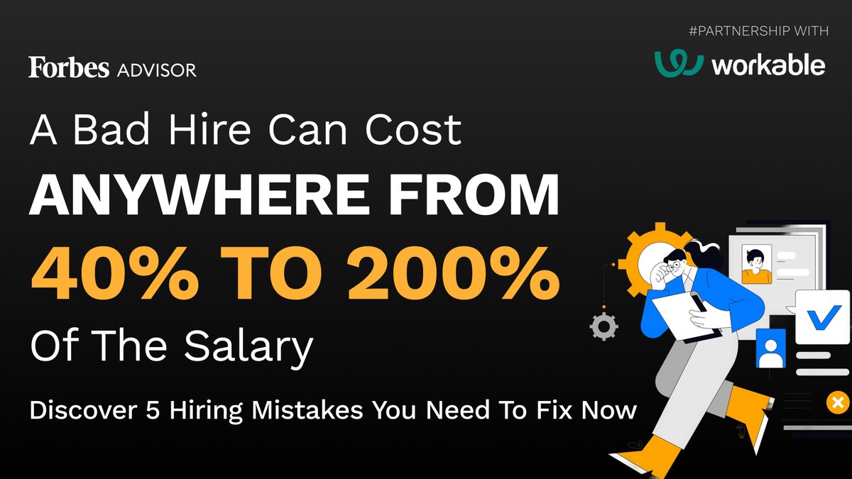 ForbesAdvisor's tweet image. One wrong hire can cost more than time. From lost productivity to rehiring costs, the impact can add up fast. Here’s how to spot hiring mistakes with the help of @Workable. 
👉forbes.com/advisor/busine…
.
#Partnership
