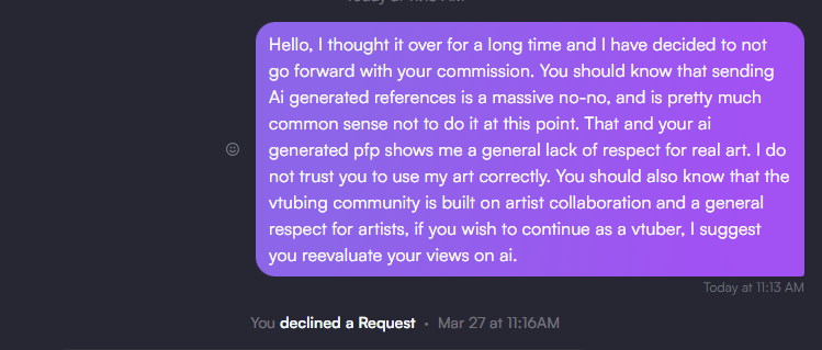 Soya_Solaris's tweet photo. It's finally my turn to get ai as references for a commission <33 I'm curious what others would do in this situation, for me it was an immediate breach of trust, my commissions are very cheap ($20) and I just couldn't guarantee they wouldn't immediately throw it into an ai model https://t.co/sHm5NTaeHx