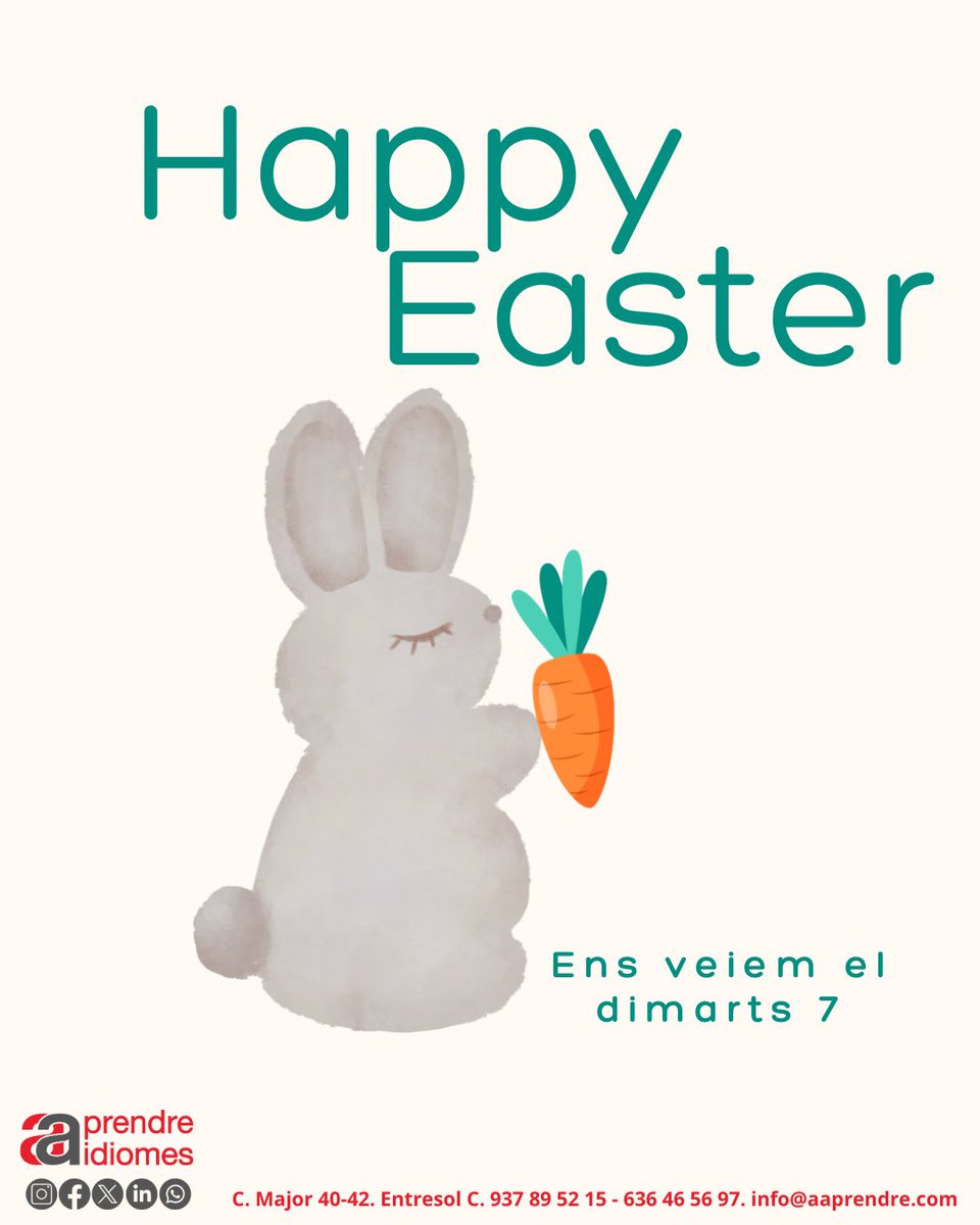 aaprendre's tweet photo. Bona Pasqua!
Tornem el dimarts 7 amb tota la informació de l’estiu i les inscripcions pel curs 26/27.
🌞ESTIU DESCOMPTE 30%
📕OFERTA MATRÍCULA 26/27
Com sempre us diem, feu el que feu, GAUDIU moltissim el moment! #casalestiu #estiuenangles #summercourses #funinenglish https://t.co/iC8615UVki