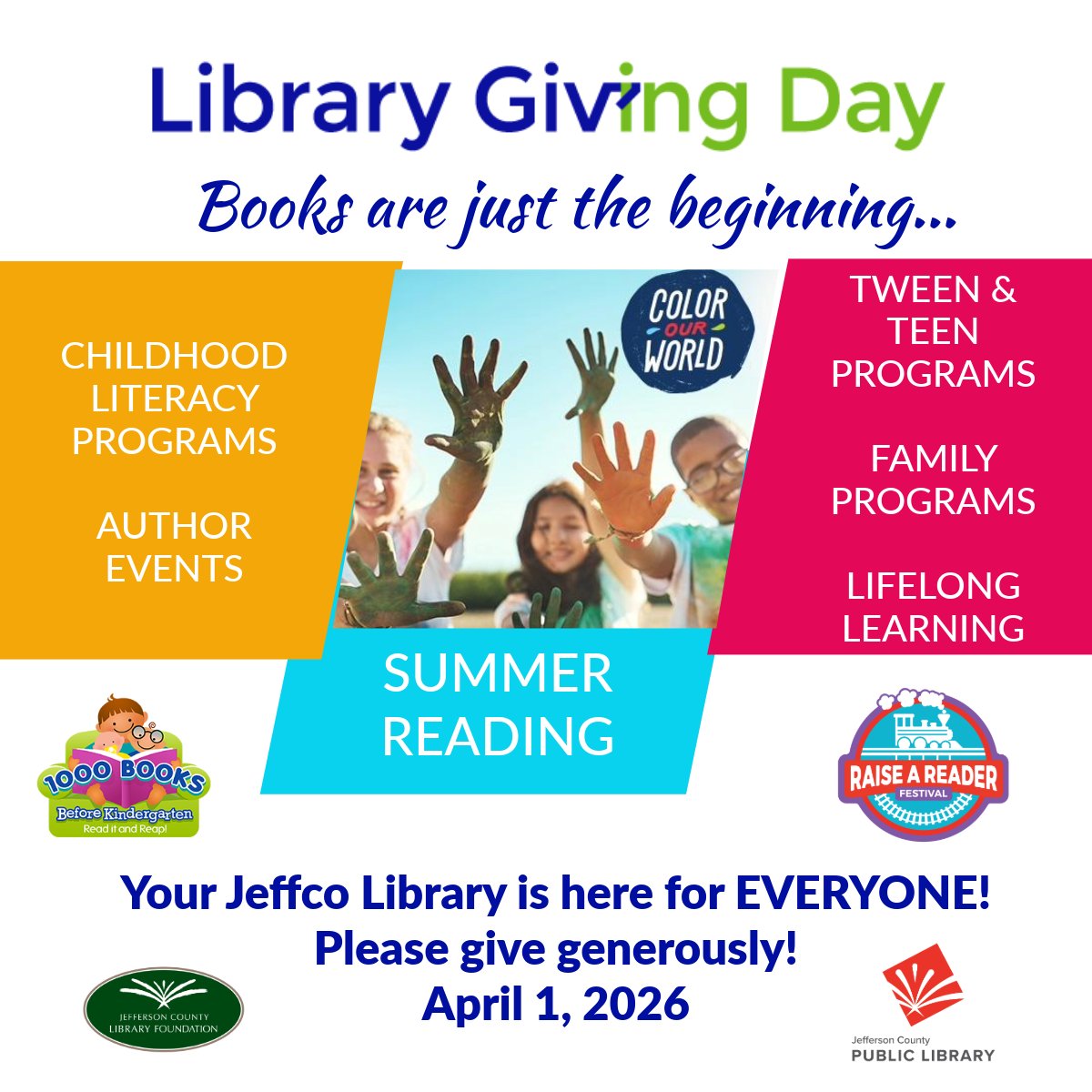 JeffcoFriends's tweet photo. Library Giving Day is tomorrow!  Your Library Giving Week gift directly supports the Library Summer  Challenge and many other programs  and services at your Jefferson County  Public Library (JCPL). Please give generously! https://t.co/8VwxwMHcRo https://t.co/cTiV3oCUUi