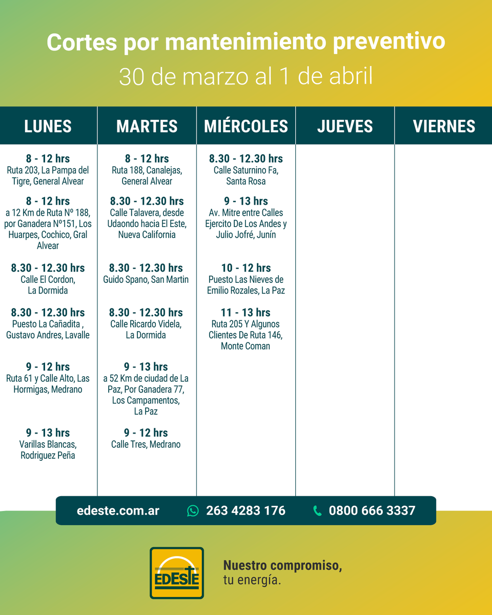 Edeste_mza's tweet photo. Buenas tardes! Les informamos los cortes programados para la semana que viene por razones de mantenimiento y mejoras del servicio ⚡️⚡️⚡️ https://t.co/JDcZTavb6p