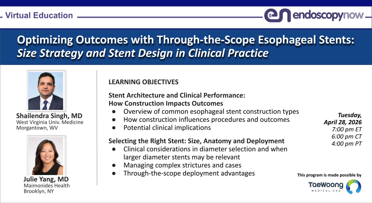 EndoscopyNow's tweet photo. [New April 28th VirtualED Program] Optimizing Outcomes with Through-the-Scope #Esophageal #Stents.
▶️REGISTER from your mobile device => https://t.co/N1SQqstTyH
▶️Sign up on Zoom=> https://t.co/TotaFLjyxN
#Gastroenterology @taewoongmedical #GIFellows #GITwitter #GIMed @shailsingh https://t.co/zh693ceejC
