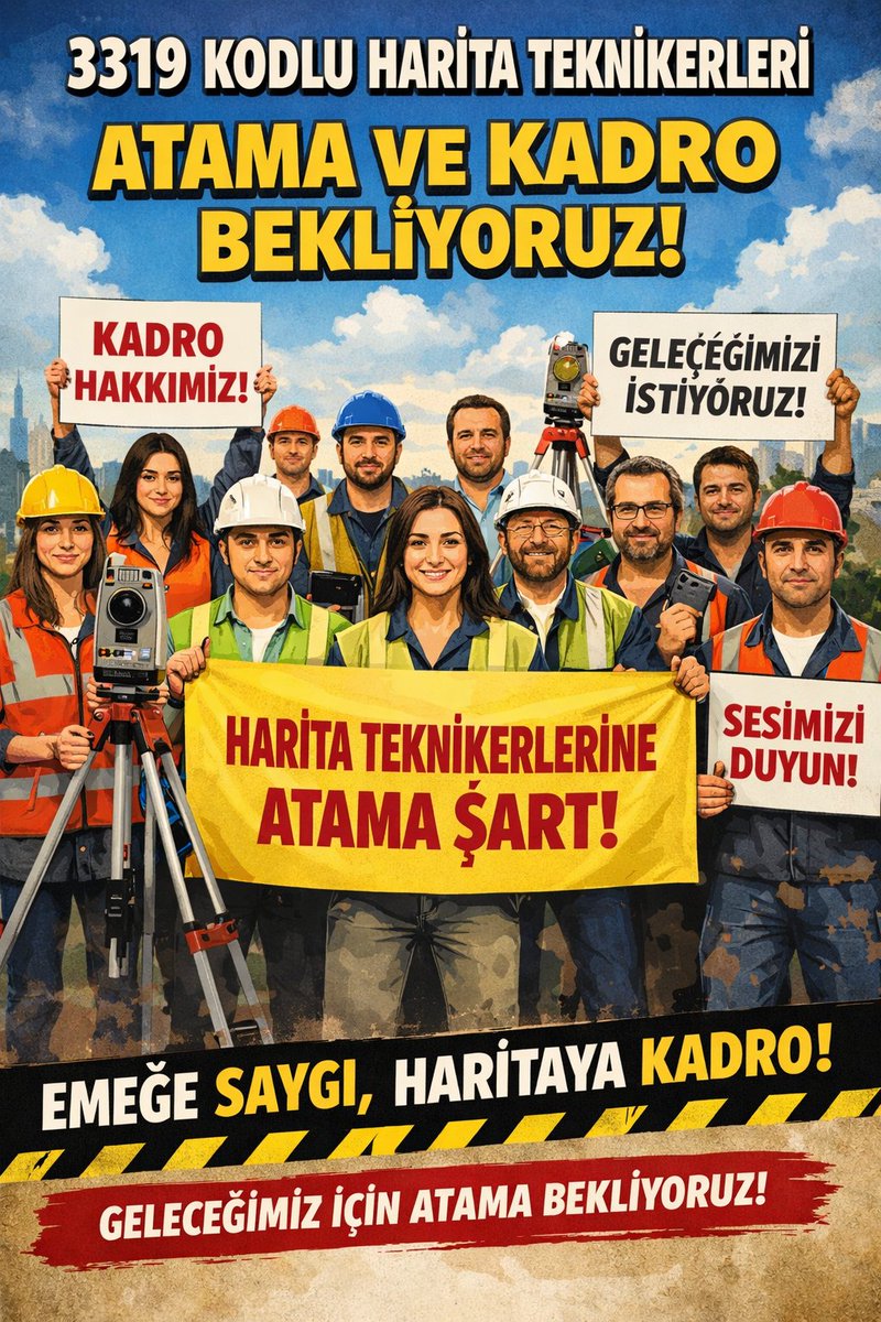 <a href="/fatihacunbey/">Fatih Acun</a> <a href="/CgdmKrty_001/">Çiğdem Kartay</a> Harita Teknikerleri yıllardır atama bekliyor. Emeğimizin karşılığını almak ve mesleğimizi yapmak istiyoruz. <a href="/memetsimsek/">Mehmet Simsek</a> <a href="/murat_kurum/">Murat KURUM</a> <a href="/tkgmgovtr/">Tapu ve Kadastro</a> #haritateknikeriatama

4-0