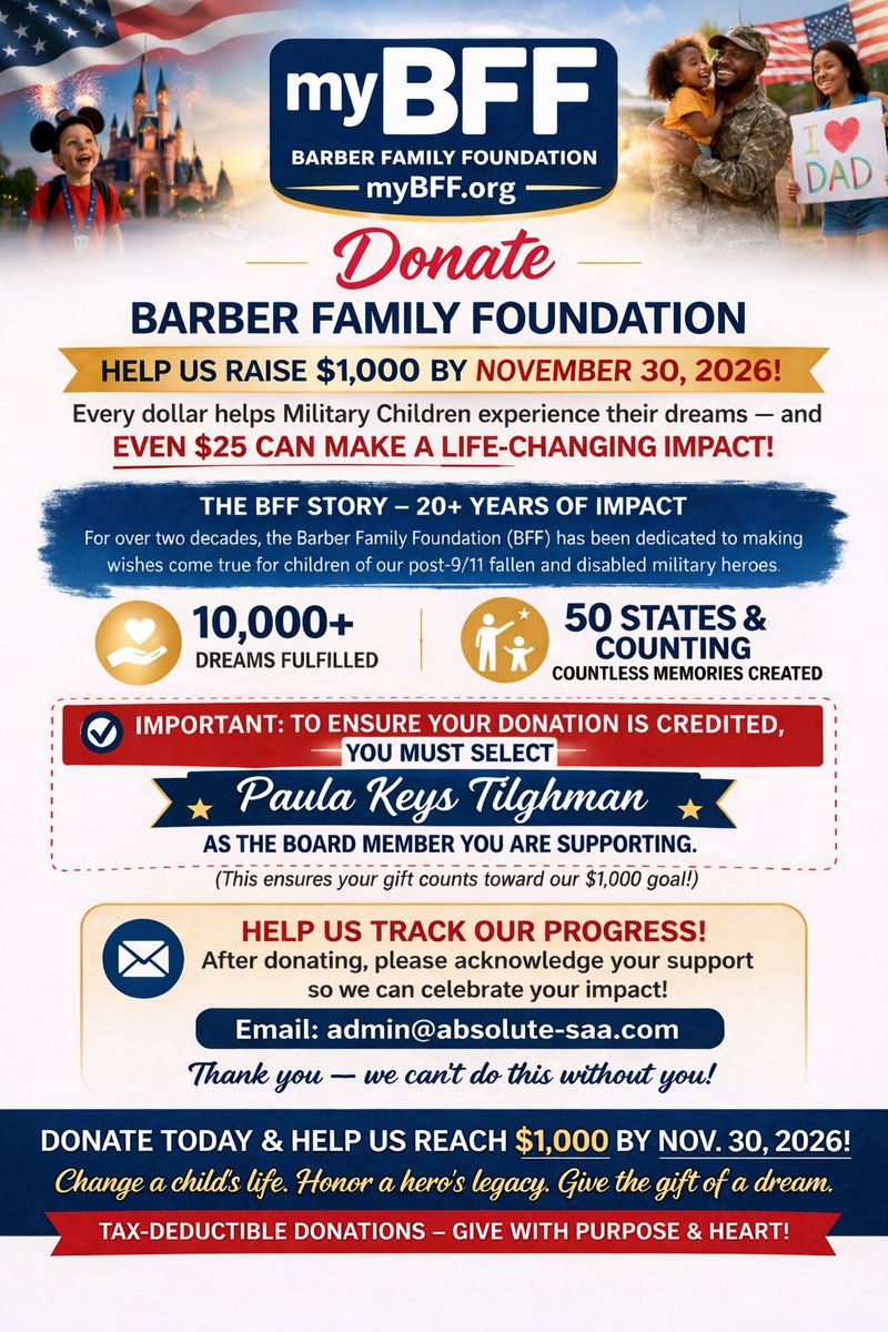 AbsoluteSupply_'s tweet photo. Supporting military families is a shared responsibility.

The Barber Family Foundation (myBFF) creates meaningful moments for children of fallen &amp; disabled service members. Help us reach our $1,000 goal by Nov 30, 2026.

Select Paula Keys Tilghman when donating.💙 https://t.co/CF2HW8QbIi