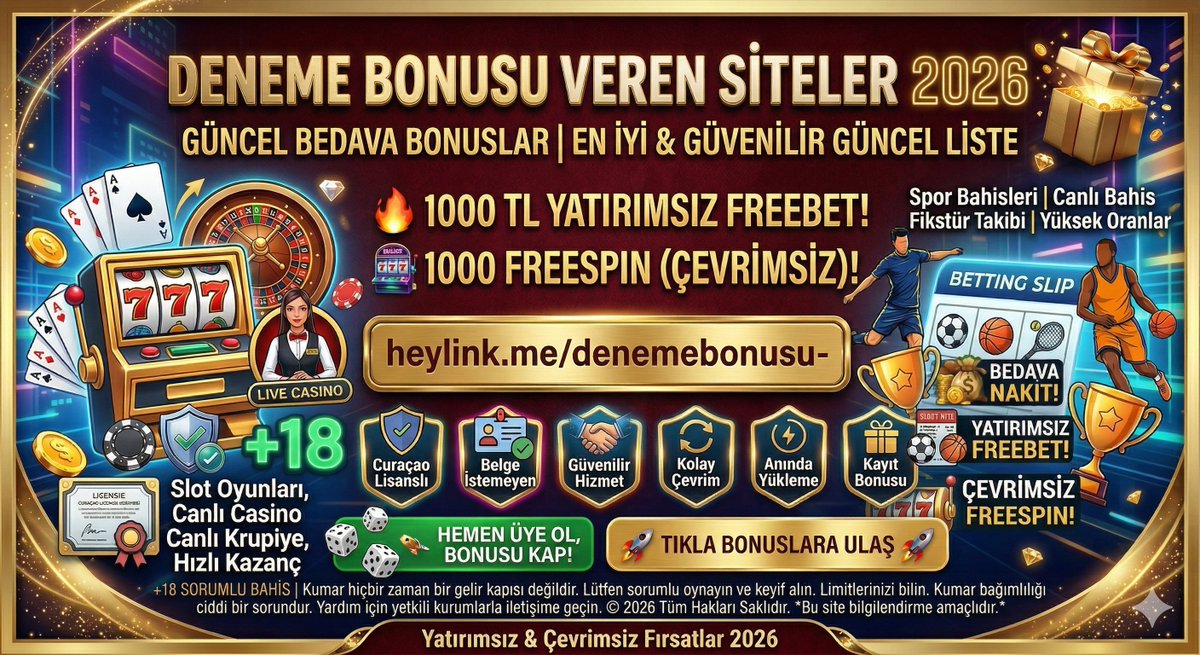 BonusKral's tweet photo. 🎯 Bahis, canlı casino, slot oyunları için bedava, ücretsiz nakit! ✅ En iyi, güvenilir, güncel, belge istemeyen, lisanslı deneme bonusu veren siteler 2026. 🚀 Hemen yatırımsız, çevrimsiz freebet, freespin şansı: 🔗 https://t.co/eMTgjhbMWm 
#denemebonusu #denemebonusuverensiteler https://t.co/p26mtEALdc