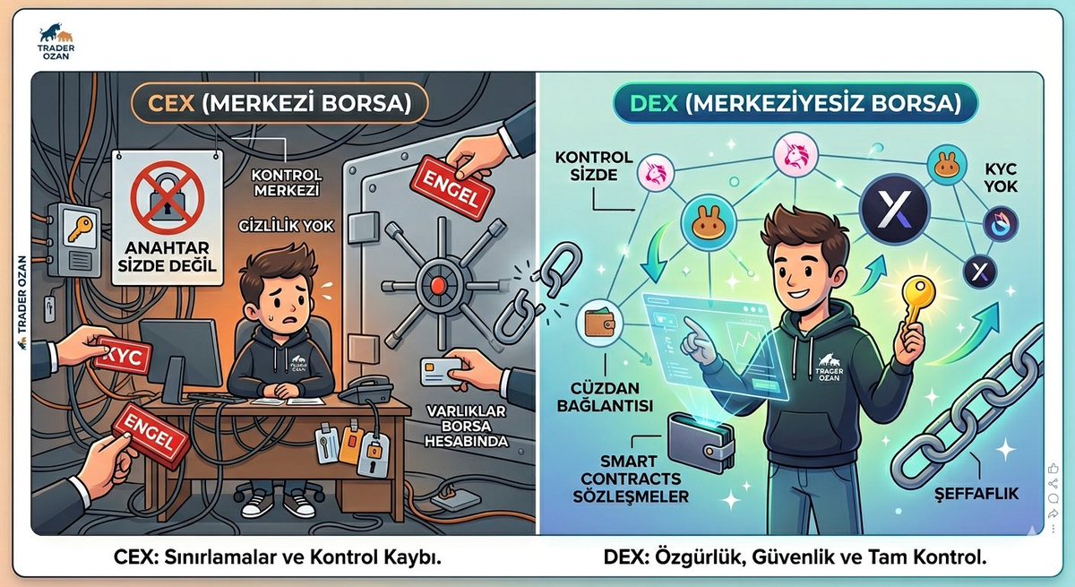 Trader0zan's tweet image. ♠️ Kripto ekosisteminde Anahtar senin değilse, coin de senin değildir sözünü duymuşsunuzdur. İşte bir #DEX (Merkeziyetsiz Borsa) kullanmanın, klasik bir #CEX (Merkezi Borsa) yapısına göre sunduğu kritik avantajlar:

1. Varlık Kontrolü Tamamen Sizde 

DEX'lerde fonlarınız borsanın