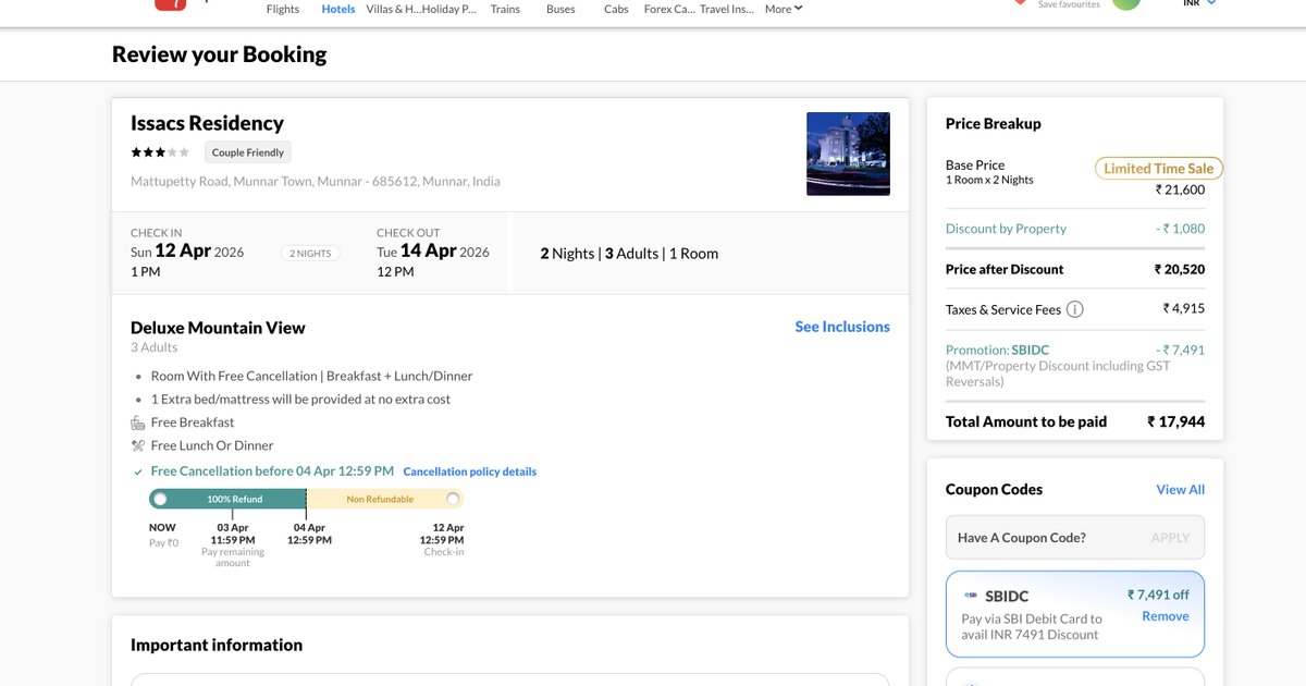 JRajFx's tweet photo. Hello @makemytripcare  @makemytrip ,
 I’m seeing misleading pricing on your platform. A “Limited Time Sale” shows a big discount initially, but at checkout the discount disappears and final price is much higher. This is not transparent. Please clarify or fix this.  #scam #fake https://t.co/N9wJNCcQwH