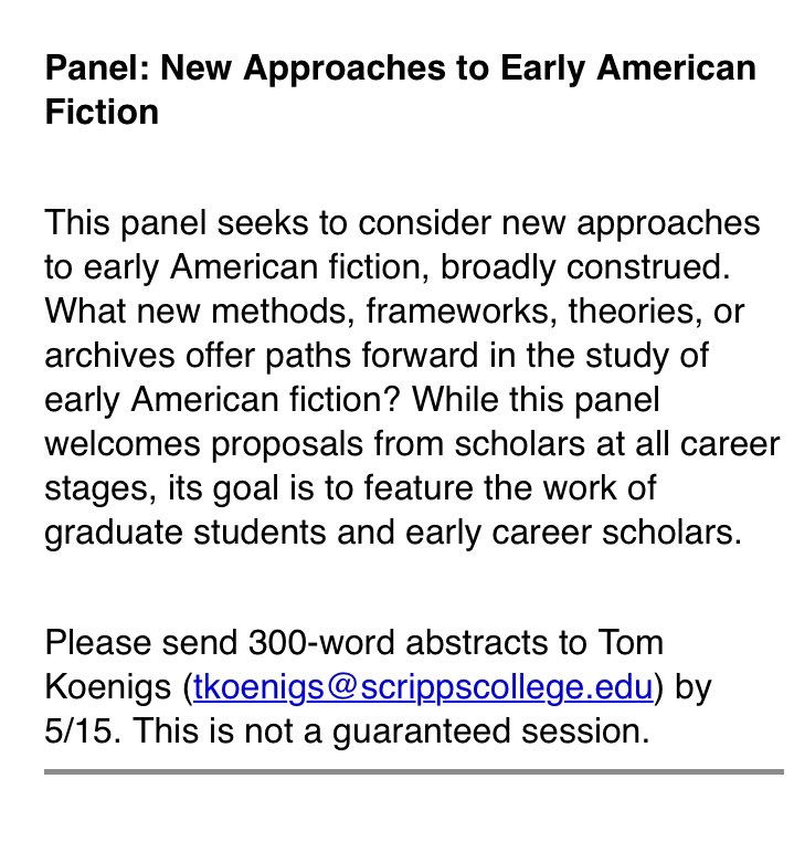 tomkoenigs's tweet photo. I’m looking to put together a panel on “New Approaches to Early American Fiction” for SEA 2027. Open to all but I especially want to highlight work by graduate students/early career folks working on early American fiction. Consider submitting a proposal and please share widely! https://t.co/Sa3XOZvqRb