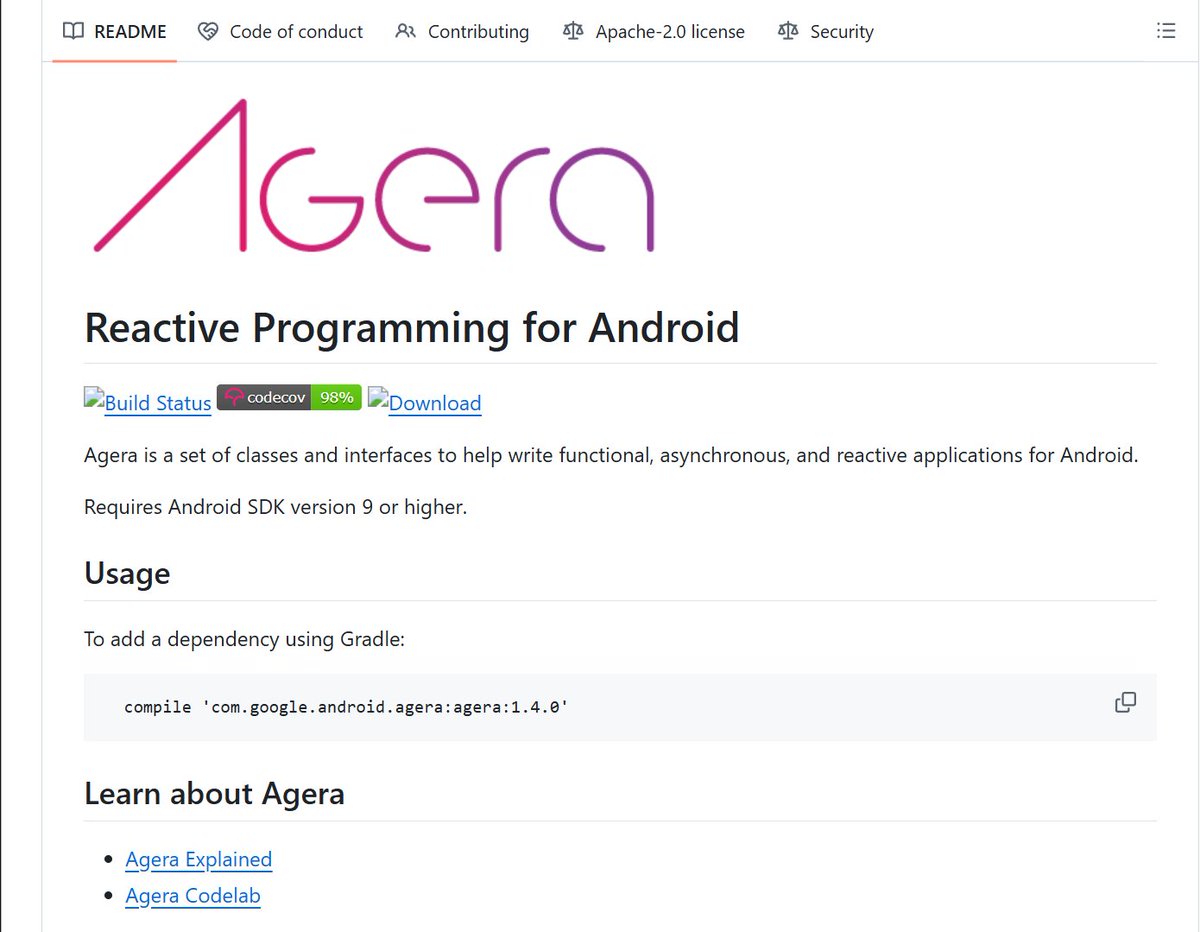 Zhuinden's tweet image. Guys, remember when Agera was popular? 🥲 #androiddev 

You know, Agera, the "set of classes and interfaces to help write functional, asynchronous, and reactive apps for Android"?

It was an official Google-supported library too with its very own codelabs.
github.com/google/agera