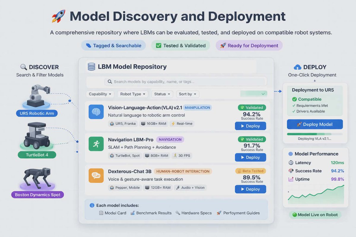 1010crypto1989's tweet photo. 🔑One of the key features of Konnex Platform🔑

🚀Model Discovery and Deployment🚀

A comprehensive repository where LBMs can be evaluated, tested, and deployed on compatible robot systems. Each model is tagged with capabilities, hardware requirements, and performance metrics. @konnex_world