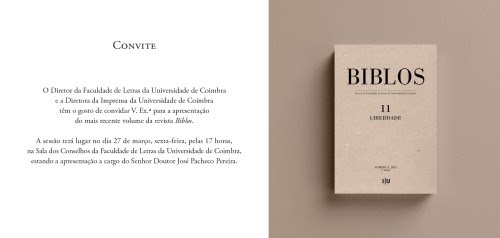 APRESENTAÇÃO DA REVISTA BIBLOS- HOJE, NA UNIVERSIDADE DE COIMBRA, ÀS 17 HORAS