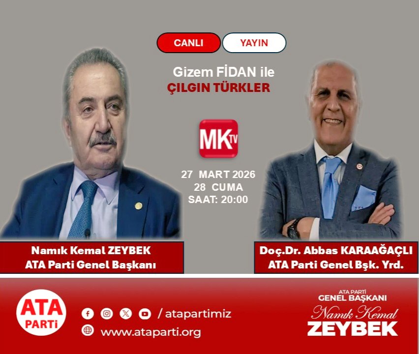 Genel Başkanımız             
Sayın Namık Kemal ZEYBEK 
          
Genel Başkan Yardımcımız    Doç. Dr.  Abbas KARAAĞAÇLI                             

MK TV ekranlarında #Canlı yayımlanan Gizem Fidan ile #ÇılgınTürkler              
adlı programa katılacaklardır.