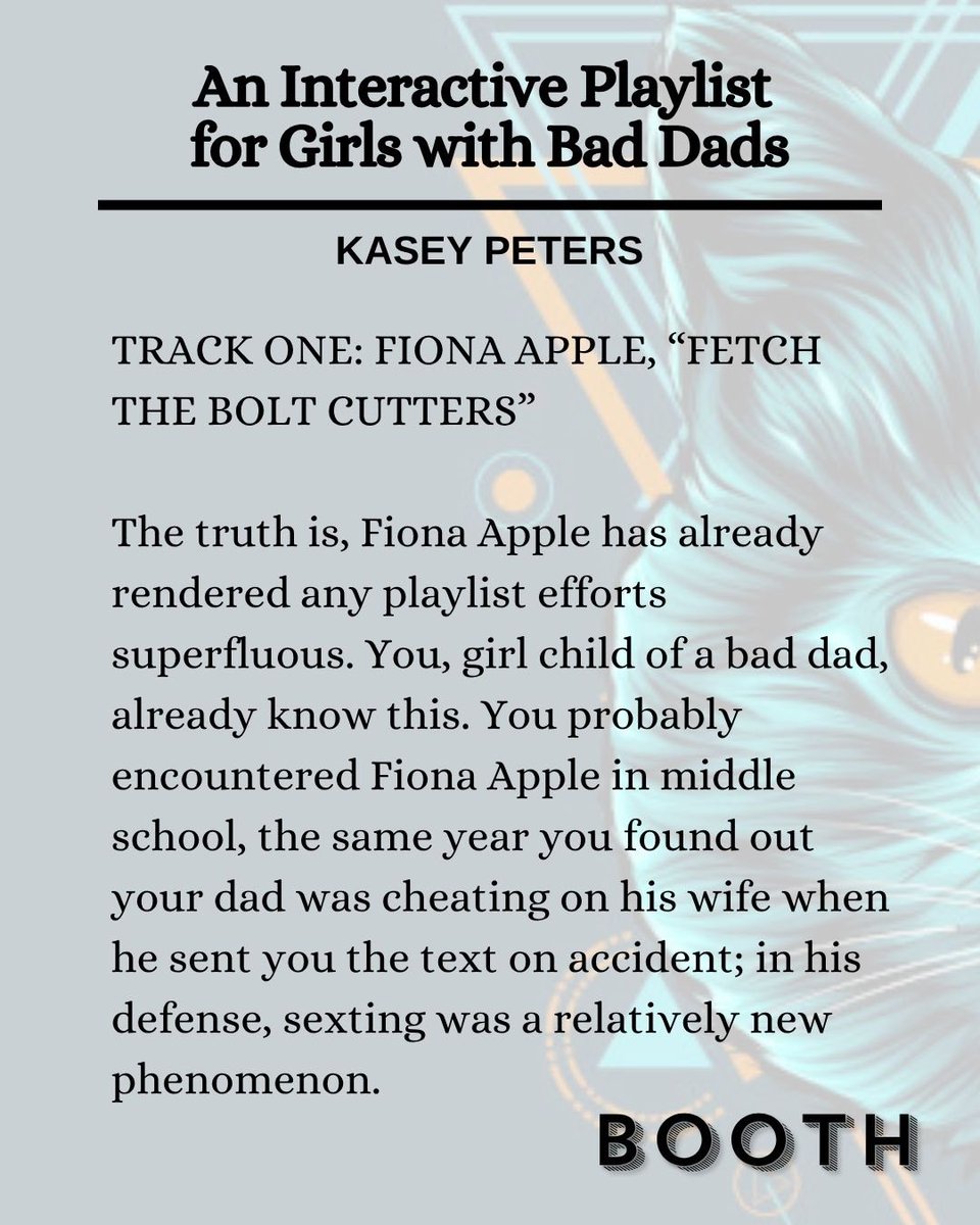 BoothAJournal's tweet photo. Read "An Interactive Playlist for Girls with Bad Dads," new fiction by Kasey Peters, at https://t.co/dOmnFE6a0X now! #fiction #litmag #writingcommmunity https://t.co/tTebPU5Y7m