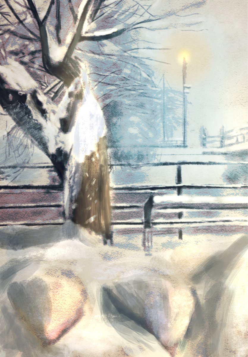 部員作品の紹介③
作者名：片泪
画材：Procreate
作品の説明：冬の情景。雪は白く見えますが、光や時間帯によってさまざまな色を映し出します。