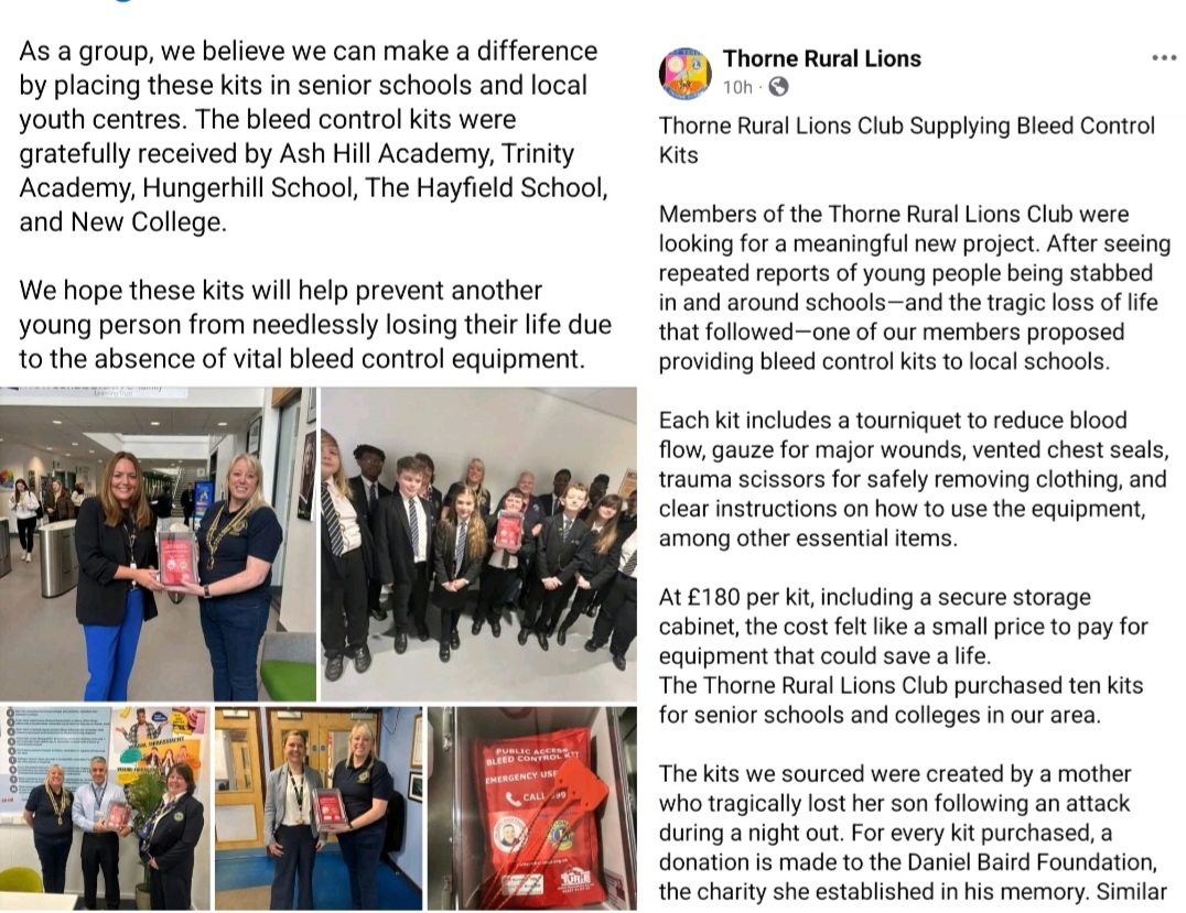 lynnebaird8's tweet image. Huge thanks to Thorne Rural Lions Club ❤️
Proud to see @TheDanielBaird1  #ControlTheBleed 🩸 kits going into schools &amp;amp; colleges across #Doncaster &amp;amp; surrounding areas—helping save lives.
Amazing community impact 👏💙
@hollybaird_x
@Chappers2013
@TurtleMedical
#TogetherWeCan