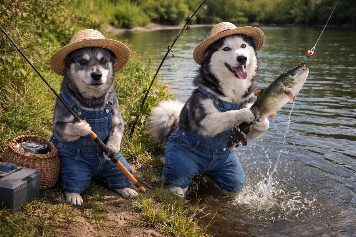 SjCattledog's tweet image. Happy #FlashbackFriday from Angels Ember 🌈 and Silver 🌈 on fishing 🎣 trip. Made with ChatGPT ☺️.

#RipEmber 🐶🌈💖
#RipSilver 🐶🌈💖

#acds #cattledog #AustralianCattledog #heeler #BlueHeeler #husky #huskies #dogs #dogsoftwitter #dogsofX