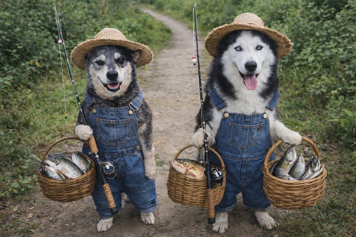 SjCattledog's tweet image. Happy #FlashbackFriday from Angels Ember 🌈 and Silver 🌈 on fishing 🎣 trip. Made with ChatGPT ☺️.

#RipEmber 🐶🌈💖
#RipSilver 🐶🌈💖

#acds #cattledog #AustralianCattledog #heeler #BlueHeeler #husky #huskies #dogs #dogsoftwitter #dogsofX