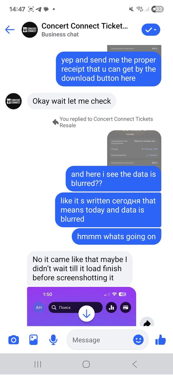 pickmefaster's tweet photo. SCAM ALERT! 🚨
Beware of 'Concert Connect Tickets Resale' on Facebook. They are using FAKE Revolut screenshots and edited PDF statements to steal tickets. They claim to be a 'safe middleman' but it's a 100% scam. They tried to scam me for my BTS Madrid tickets. #btsscam https://t.co/kNkfmIhOcg