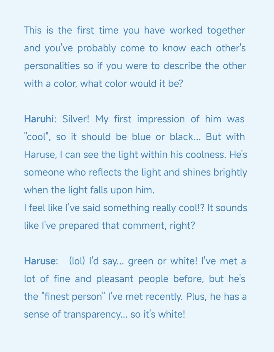 izzyyzzi_izzy's tweet image. Emo Miu always knows which questions to ask 👏

Haruhi is right, his answer on Haruse's color is so good and beautiful, like he'd have thought about it before 😂
And Haruse calling Haruhi fine and beautiful and looking like coming straight out from the manga 🤭
#Contrast