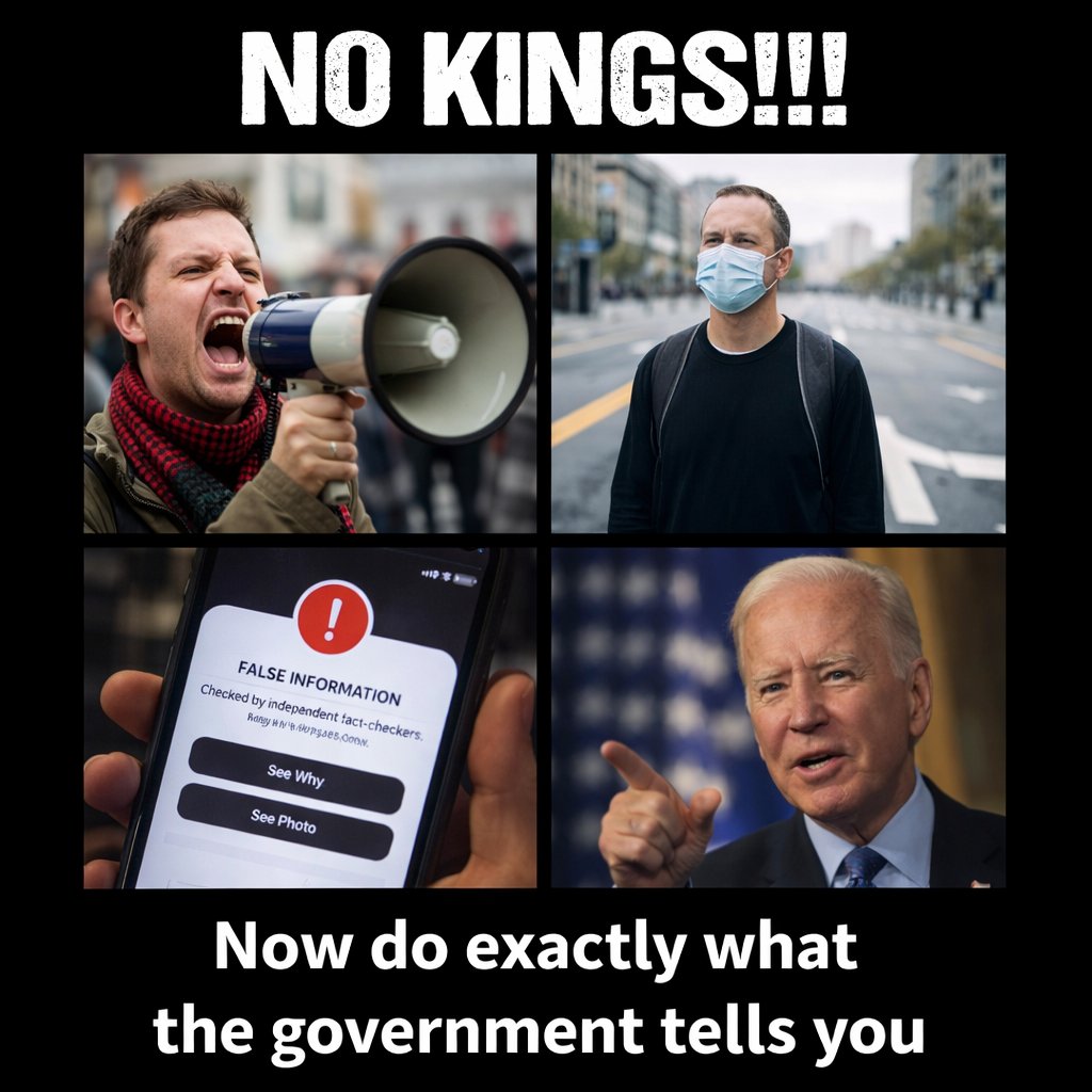 HorneTracy's tweet image. #NOKINGS!!!
…until it’s lockdowns, mandates, speech control, and unelected bureaucrats calling the shots.
Funny how “freedom” always comes with conditions when it’s their side in power.

This was never about no kings. 

It’s about their kings.
#liberals #Hypocrisy #Freedom