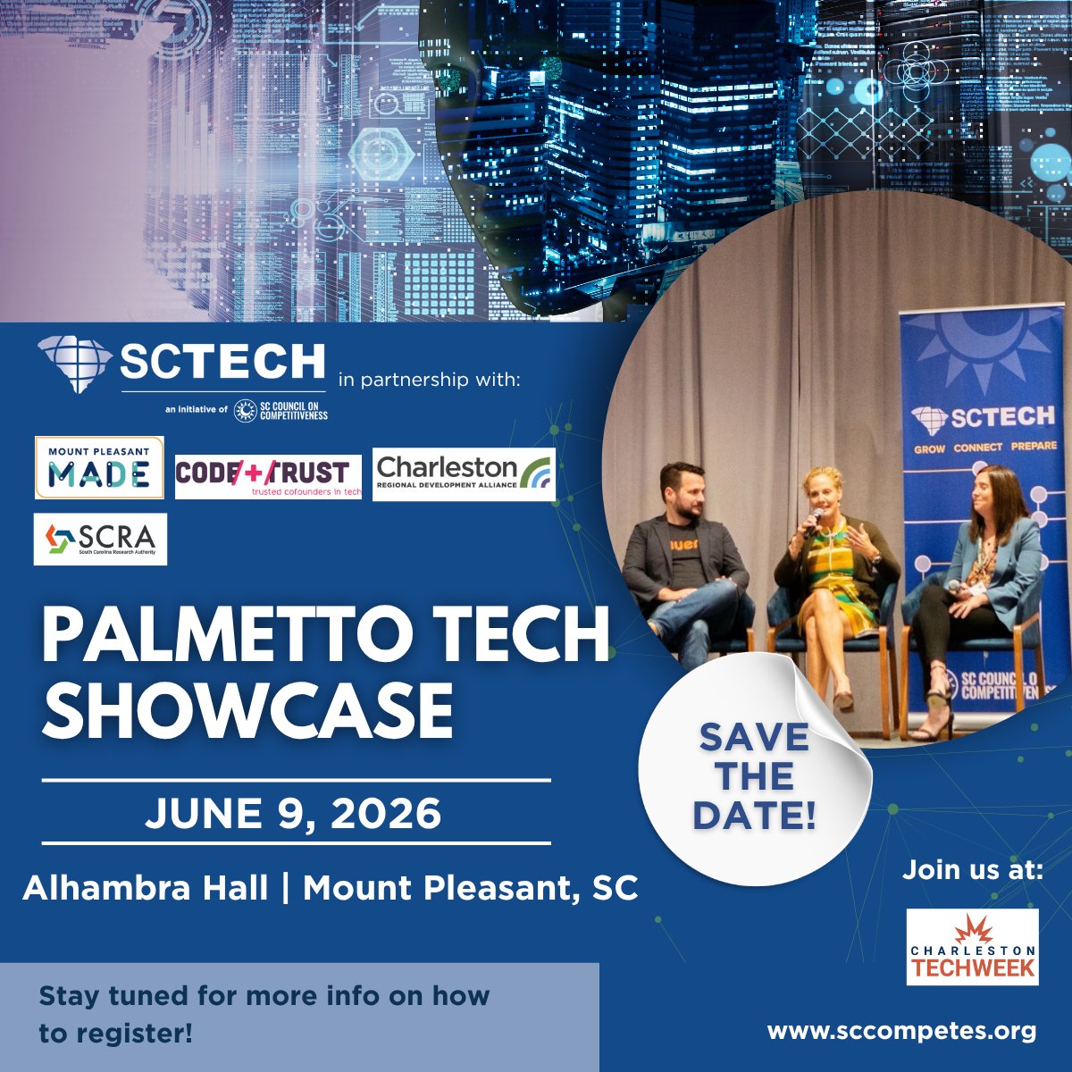 sccompetes's tweet photo. Save the date! 📅🤖  Join SC Competes at Charleston Tech Week for the Palmetto Tech Showcase on June 9 at Alhambra Hall.

Free event featuring live demos, speakers &amp; networking. Learn more &amp; register: 
 https://t.co/Sm5gROPu5K https://t.co/JuYkBxndHD