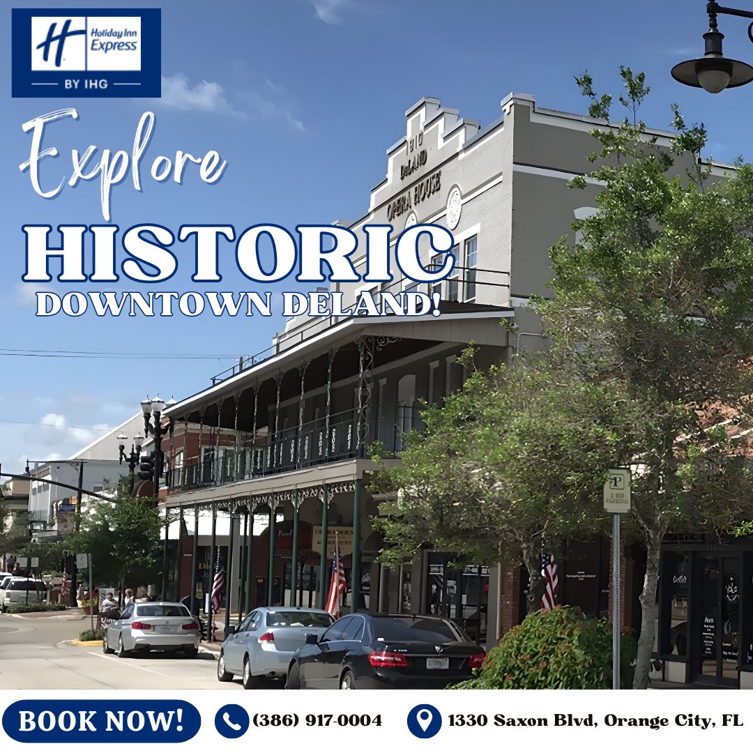 hiesdeltona's tweet image. Take a break from the crowds and explore Historic Downtown DeLand! 🛍️ Just minutes away, you'll find amazing local boutiques, incredible dining, and classic Florida charm. Book a room at ihg.com/holidayinnexpr… #DeLandFL #MainStreetUSA #ShopLocalFL #OrangeCityFL #CentralFlorida