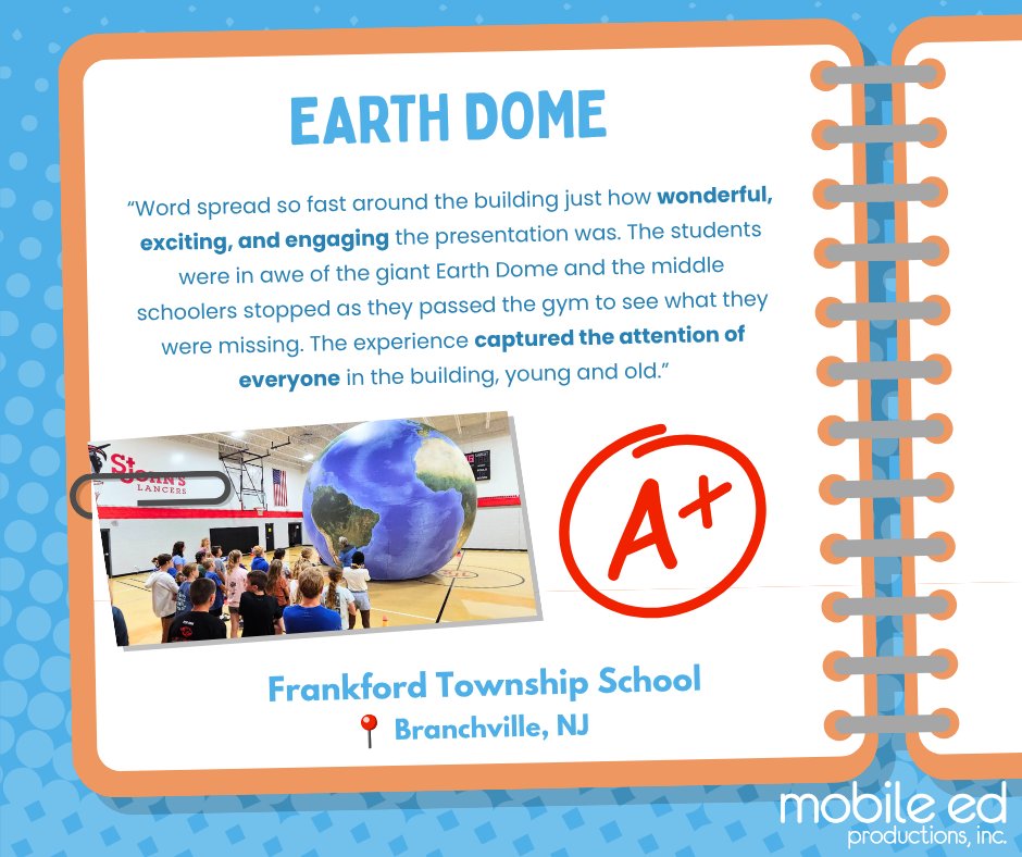 MobileEdProd's tweet image. Many thanks to Frankford Township School for such a kind “report card”! ⭐ Learn more about our Earth Dome program here: mobileedproductions.com/blog/a-tour-th… 

#MobileEd #MobileEdMagic #schoolassembly #schoolprogram #earthscience