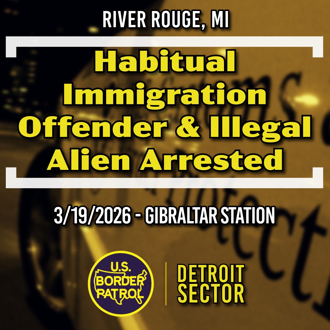 USBPChiefDTM's tweet image. 3/19 - Gibraltar Station agents arrested an illegal alien from El Salvador near River Rouge, MI who has prior immigration offenses. The subject will be #deported from the U.S.

Charges:
ALIEN PREVIOUSLY REMOVED
ALIEN REMOVAL

#DetroitSector #BorderPatrol #BorderSecurity