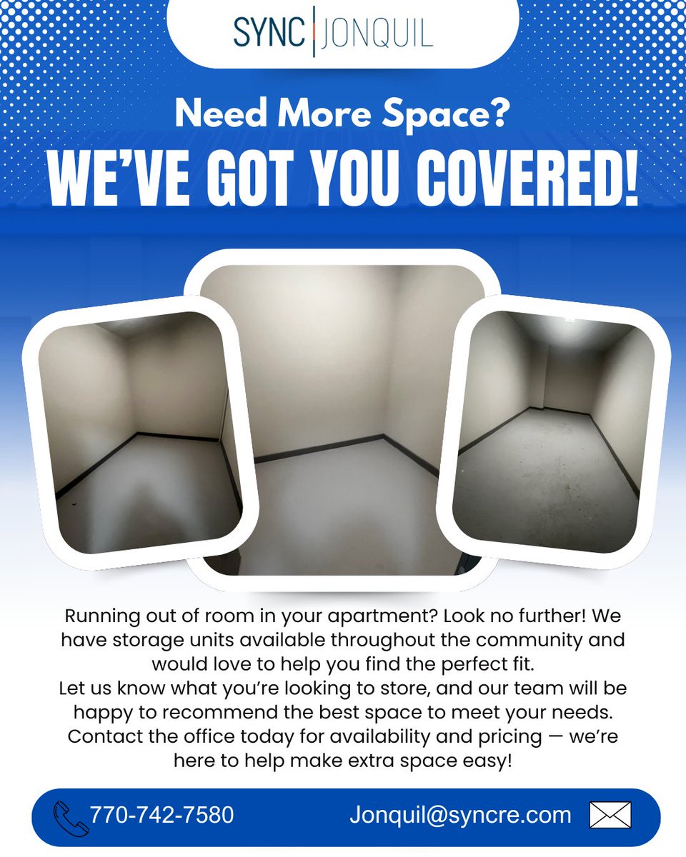 SYNCatJonquil's tweet image. Running out of space? We've got the solution! 📦 Storage units are available right here in the community — contact us today to find your perfect fit! 🔑✨

#StorageUnit #ApartmentLife #SYNCatJonquil #NeedMoreSpace #ApartmentLiving #StorageSolutions #HomeTips #Smyrna...