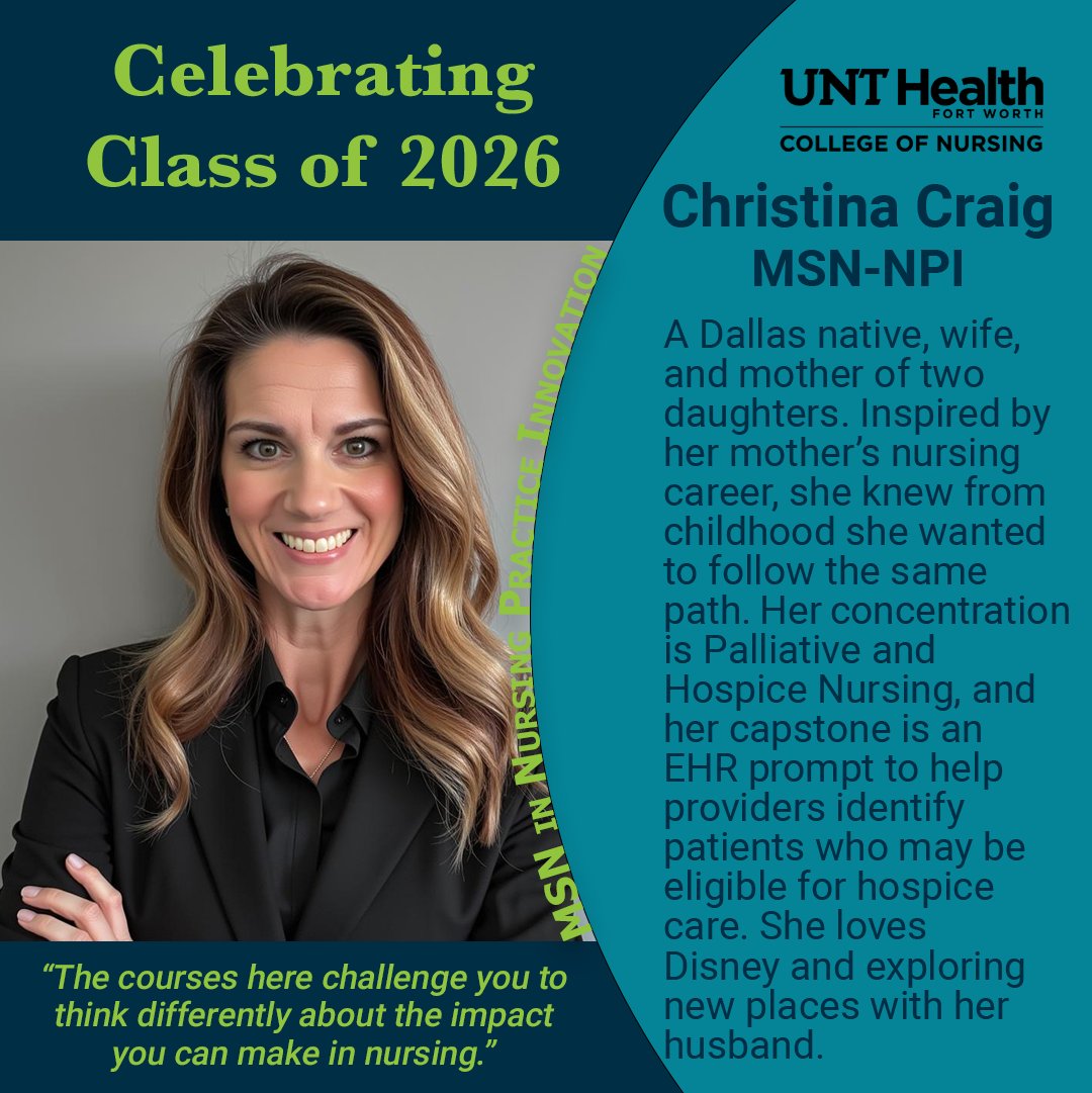 UNTHealthCON's tweet image. 26 years in oncology nursing gave Christina the insight to innovate. Our MSN in Nursing Practice Innovation program equips nurses to turn experience into solutions that improve care. Apply for Fall 2026: bit.ly/3NM7OqH

#UNTHealthCollegeofNursing #PMHNP #MSN