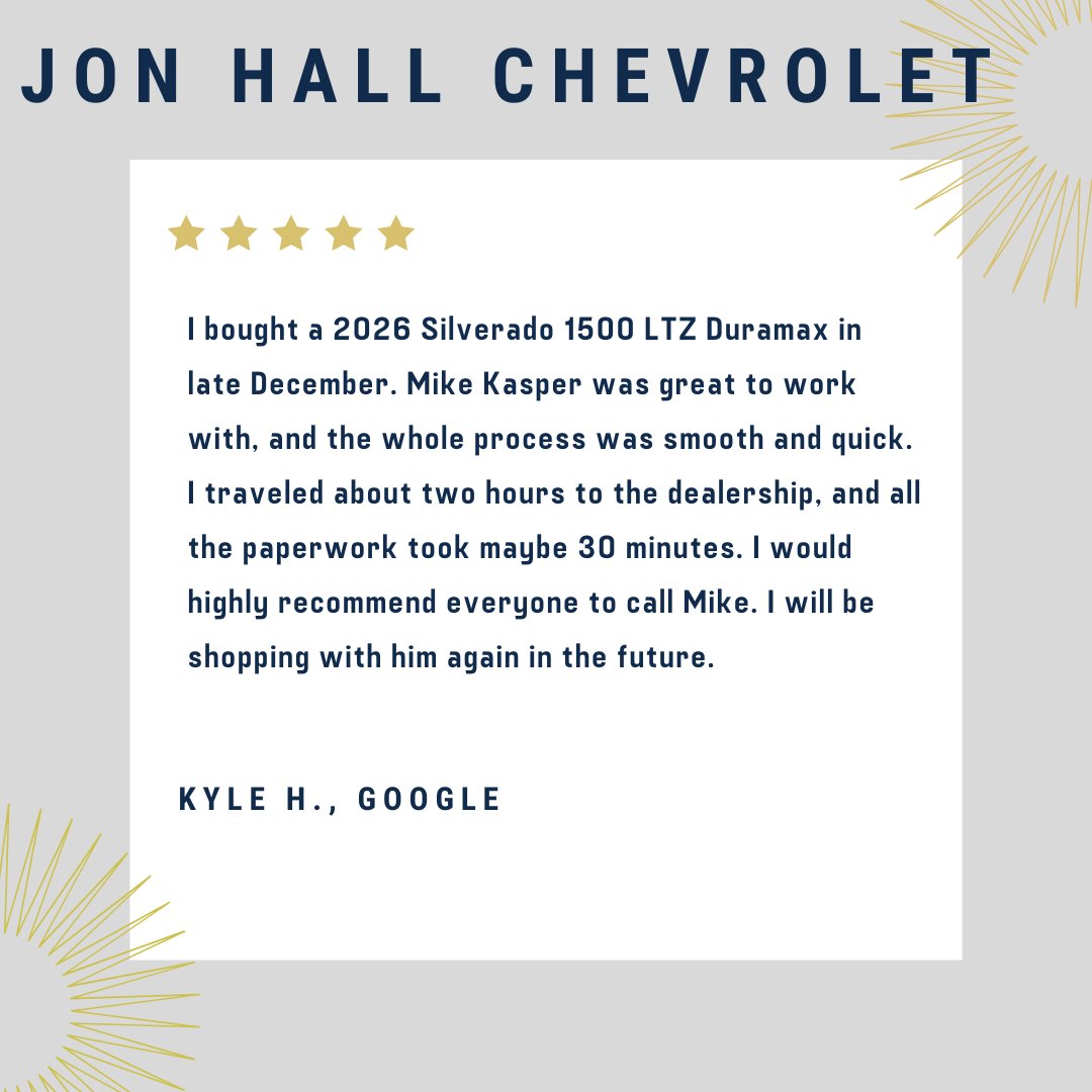JonHallChevrole's tweet photo. Thank you, Kyle! We're thrilled to hear that you had a smooth and quick experience purchasing your truck. We appreciate your recommendation and look forward to helping you again in the future! https://t.co/EQ34ziujgn