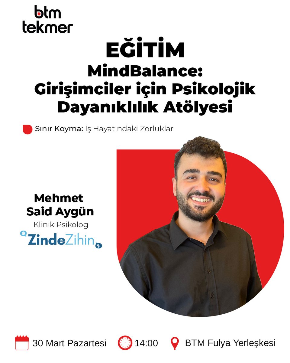 ZindeZihin iş birliğiyle düzenlediğimiz MindBalance: Girişimciler için Psikolojik Dayanıklılık Atölyesi’nde bu kez konumuz "Sınır Koyma: İş Hayatındaki Zorluklar” olacak.

Atölyeye katılmak için: btm.istanbul/etkinlik-detay…