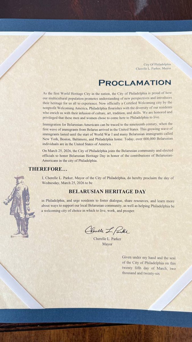 ABAtogether's tweet photo. 🤍❤️🤍 On #BelarusFreedomDay, March 25, @PhillyMayor proclaimed Belarusian Heritage Day in the City of Philadelphia — honoring 108 years of Belarusian independence.

ABA congratulates @BelarusfreedomP — your presence and dedication made this happen. 🌸 https://t.co/QzgLjVHp9Y