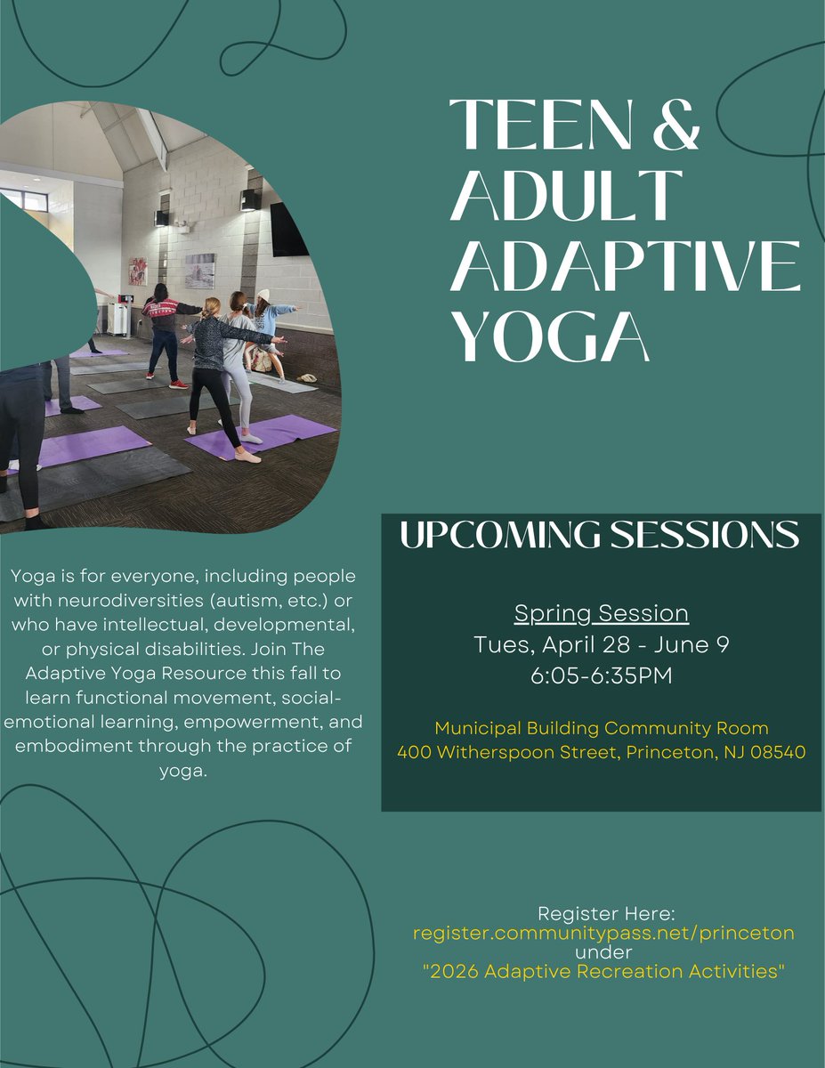 PrincetonRec's tweet photo. Our next session of Adaptive Yoga starts Tuesday, 4/28.  Youth and Teen/Adult classes are available.

For More Info: https://t.co/Hqx2aXvvKR   

To Register: https://t.co/y9wn194UHP under "2026 Adaptive Recreation Activities"

@PrincetonNJ_Gov  @PrincetonPSS  @princetonK12 https://t.co/bQpCaPmExG
