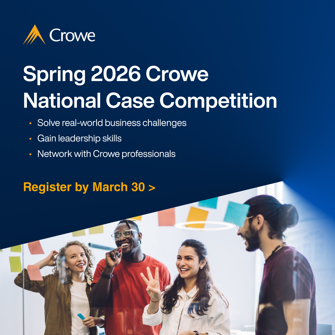 CroweUSA's tweet image. Heads up college students, it's your last chance to show off your skills and get firsthand experience with Crowe – register for the Crowe National Case Competition by March 30. #GoCrowe bit.ly/4byk9a6