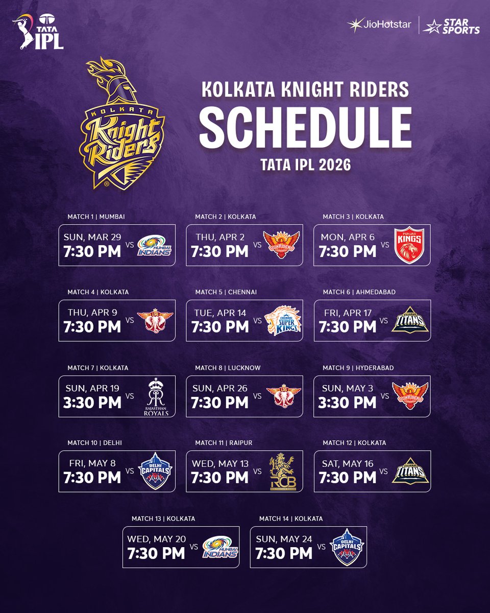 The FULL TATA IPL schedule is LIVE! Time to #KhelBindaas 💥

Just 1️⃣ day to go! #TATAIPL 2026 👉 Starts SAT, 28th MAR, 5:30 PM