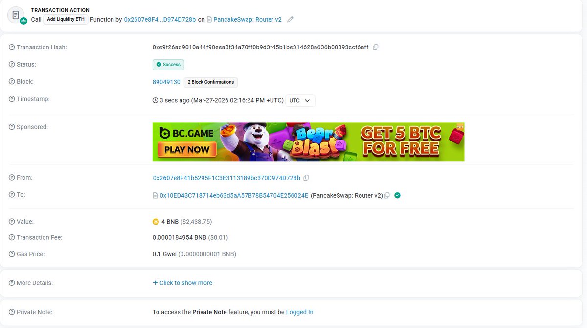 $小龙虾 所有营销已经加入LP ，AI 将会继续自动分发LP分红！
bscscan.com/tx/0xe9f26ad90…