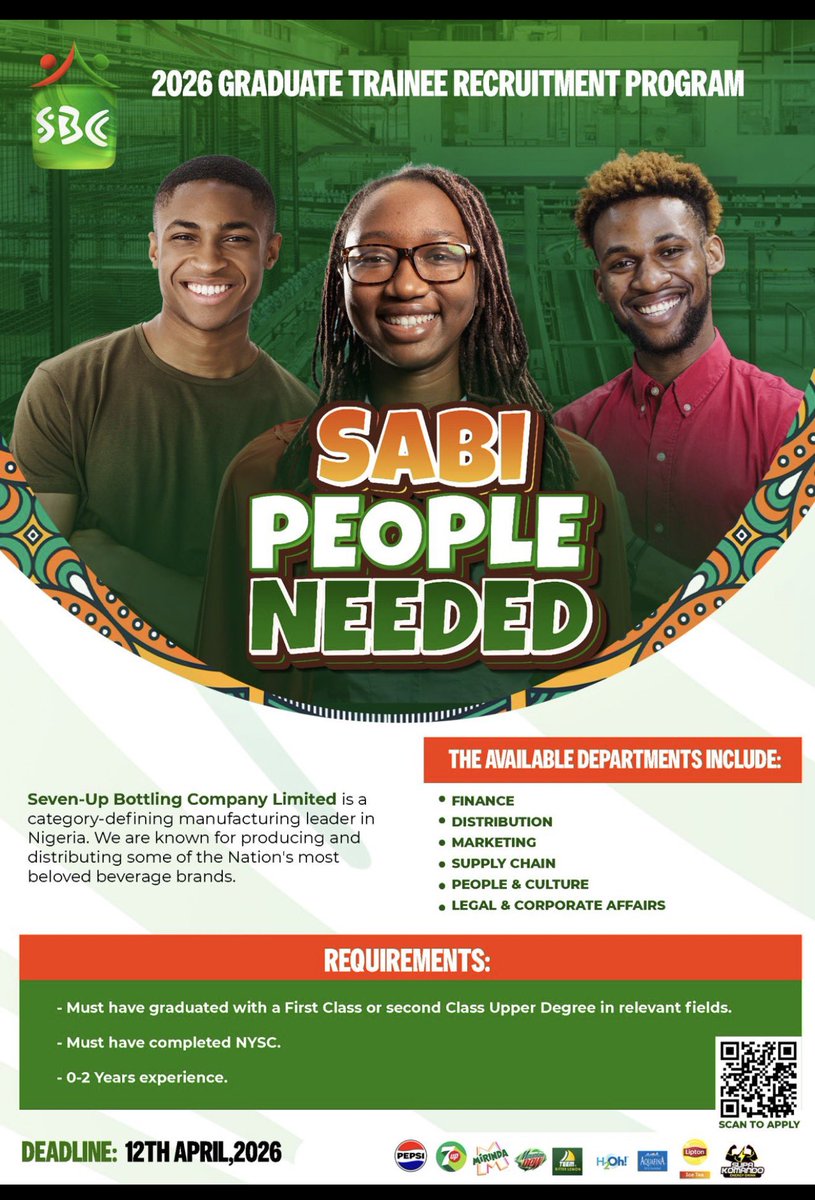 We are Hiring: 2026 Graduate Trainees – Seven-Up Bottling Company!‼️‼️

Kick-start your career with one of Nigeria’s leading FMCG companies. Join our Graduate Trainee Programme and gain hands-on experience across key business functions.

Departments: Finance, Distribution,