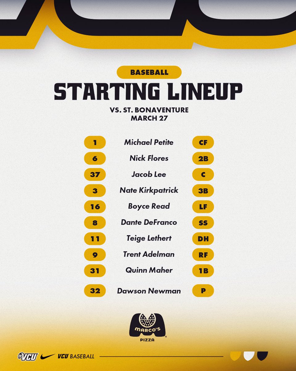 VCUBaseball's tweet photo. Our starters vs. St. Bonaventure!

@DawsonNewmanVa gets the rock.

#LetsGoVCU https://t.co/komQBwXaQJ