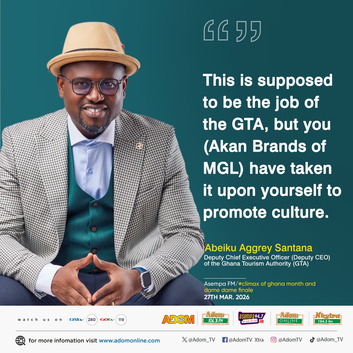 adom_tv's tweet photo. This is supposed to be the job of the GTA, but you (Akan Brands of MGL) have taken it upon yourself to promote culture. - Deputy CEO of the Ghana Tourism Authority (GTA)

#AdomSocials 
#DameDame 
#GhanaMonthonAdom https://t.co/ZWoc3UvbuE