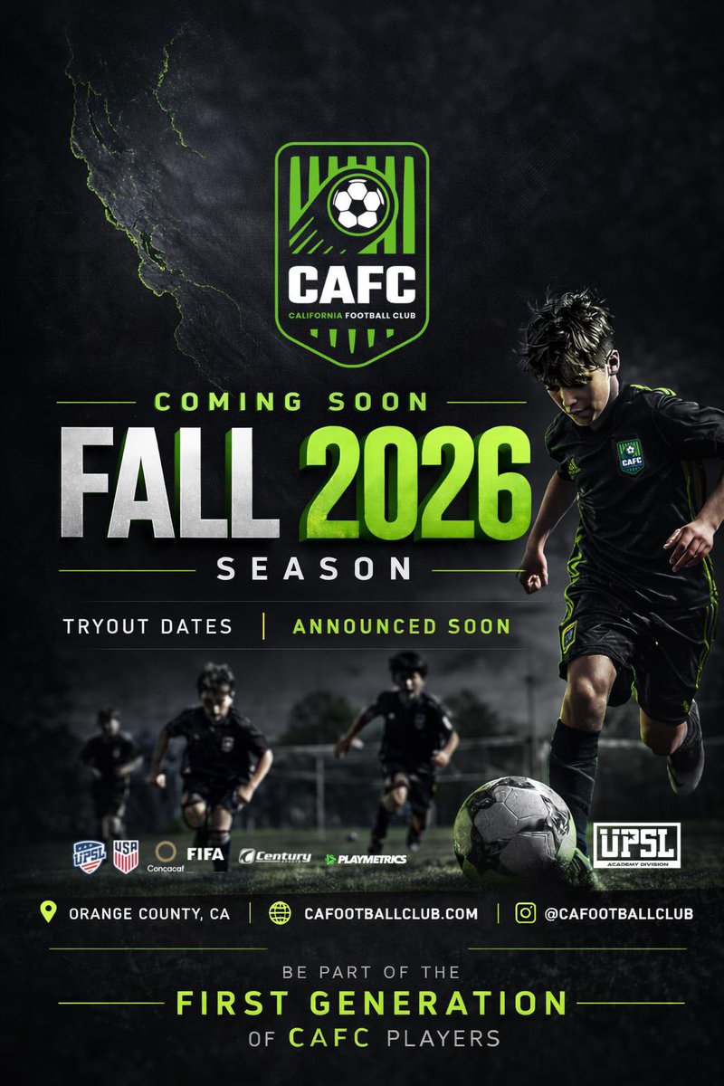 CAFCElite's tweet photo. Fall 2026 is coming.
Be part of the first generation of CAFC players.

⚽ Elite Development
📍 Orange County, CA
🗓 Tryouts announced soon

#CAFC #NextLevel #YouthSoccer #UPSL https://t.co/J2mzAAGRpQ