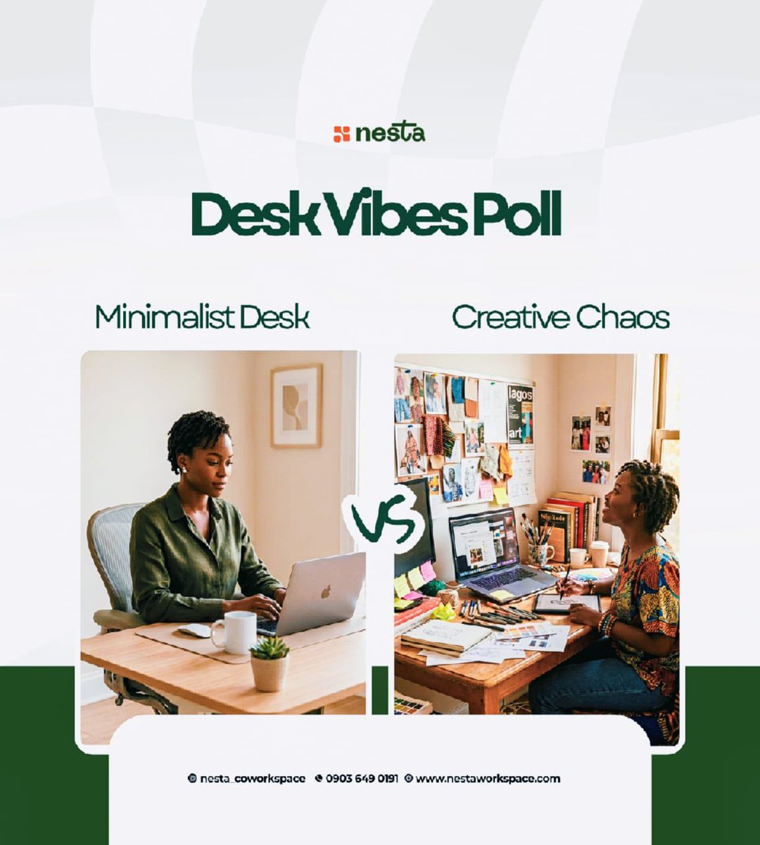 Nesta_WorkSpace's tweet image. Which desk matches your personality or their current mood?

Clean, simple, and organized or Colorful, lively, and full of inspiration? 

Vote in the comments!

#Poll
#IbadanCoWorkspace
#RemoteWorkers
#NestaCoWorkspace
#Nesta